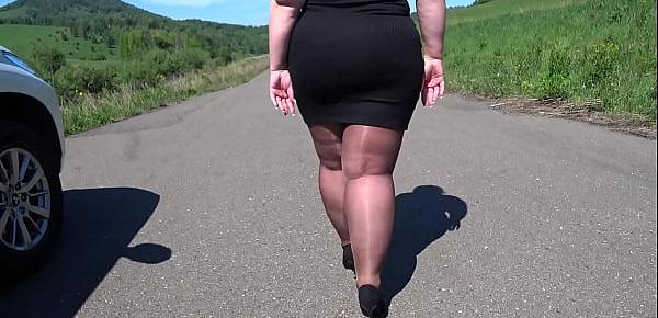  Mature BBW in nylon pantyhose and high heels walks down the public road Foot fetish Big booty ASMR